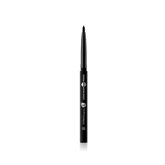 A single black cosmetic pencil with a fine pointed tip, shown vertically against a solid white background. The barrel features white text reading 'COE WRAP 1 PRISM' and 'HYBRID WRAP PENCIL'.