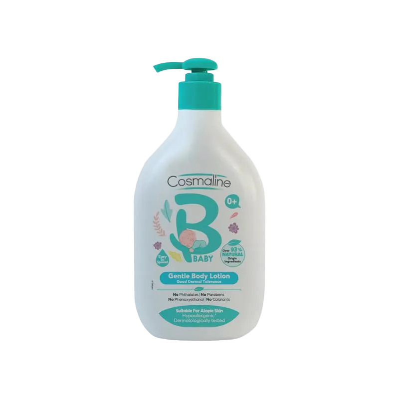 Cosmaline baby lotion bottle with pump on a white background