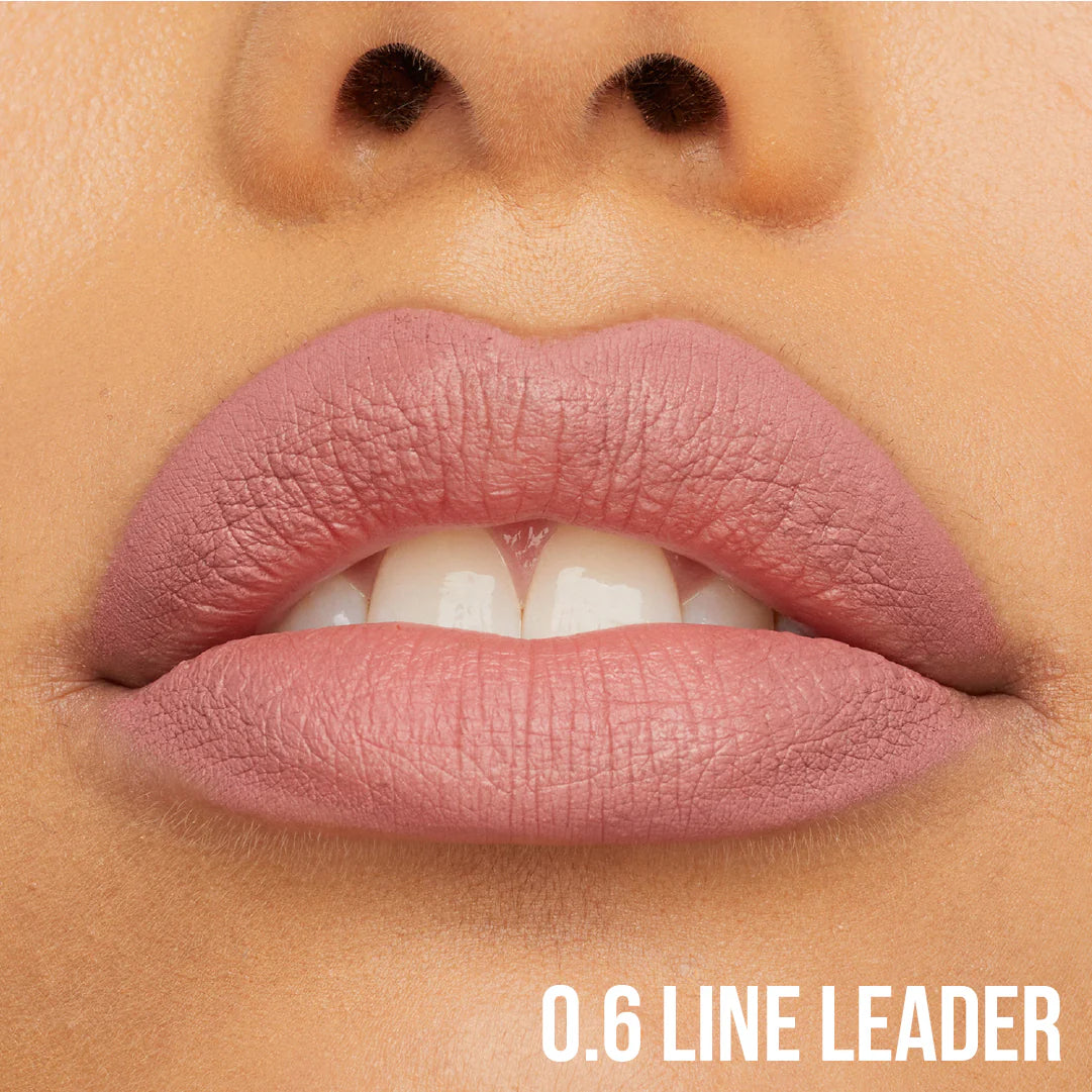 Close-up of lips with a pinkish-brown lip liner shade labeled '0.6 Line Leader'.