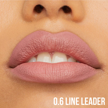 Close-up of lips with a pinkish-brown lip liner shade labeled '0.6 Line Leader'.