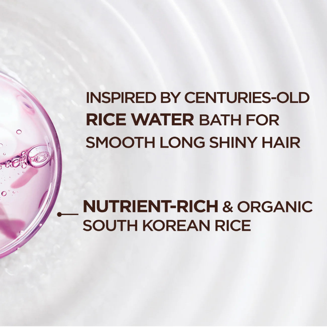 Promotional text for a rice water bath product with a close-up of pink liquid in a container on a white background.