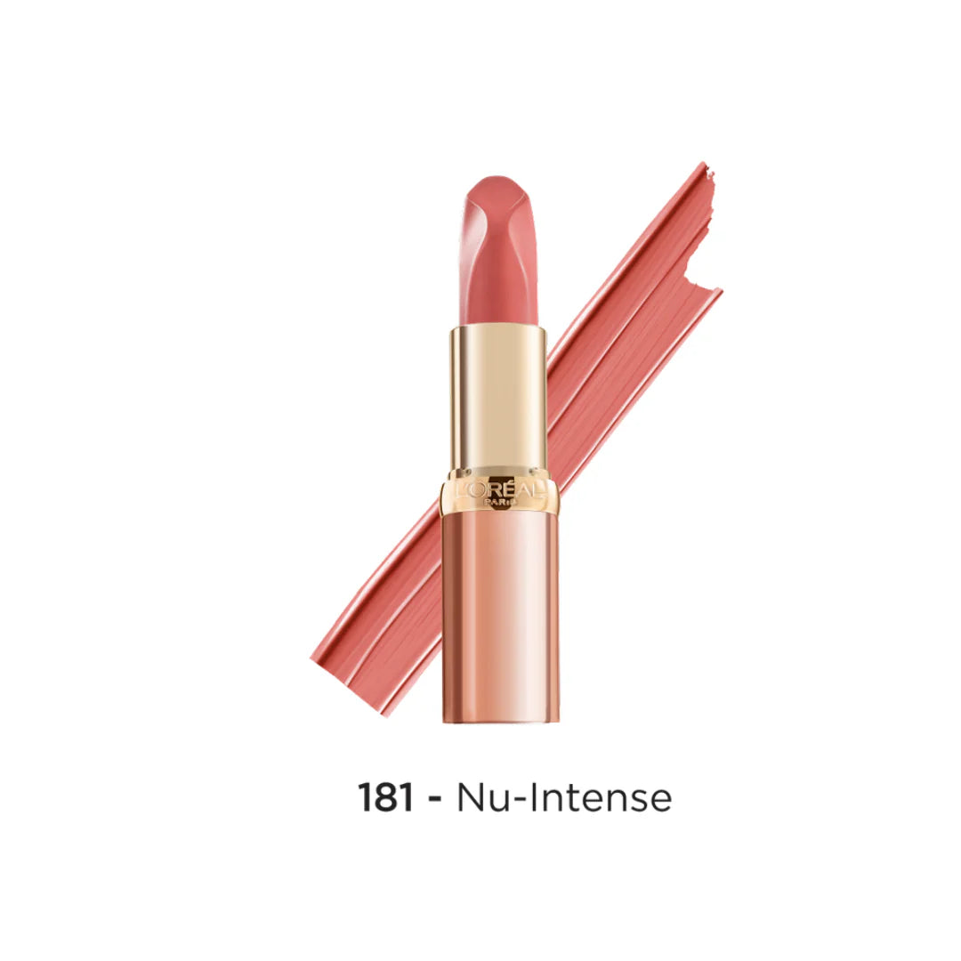Lipstick with a gold cap on a white background, labeled '181 - Nu-Intense'.