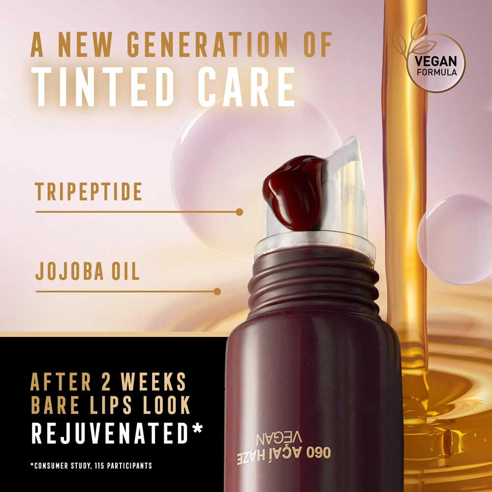 Vegan lip care product with text about rejuvenated lips after 2 weeks.