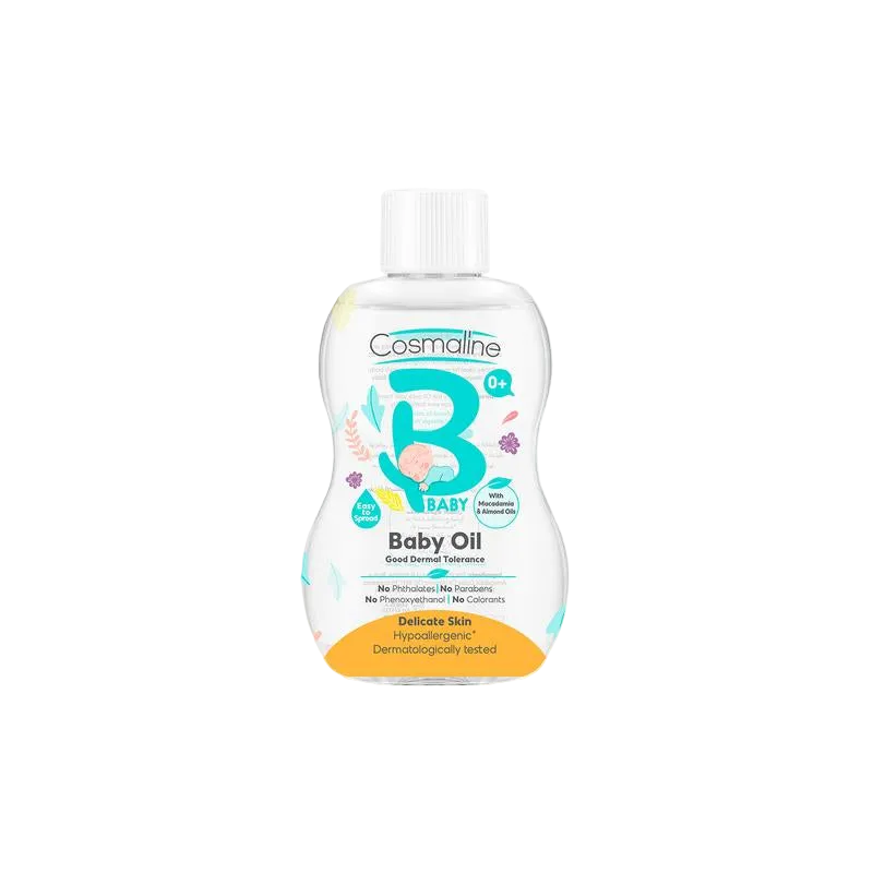 Cosmaline baby oil bottle on a white background