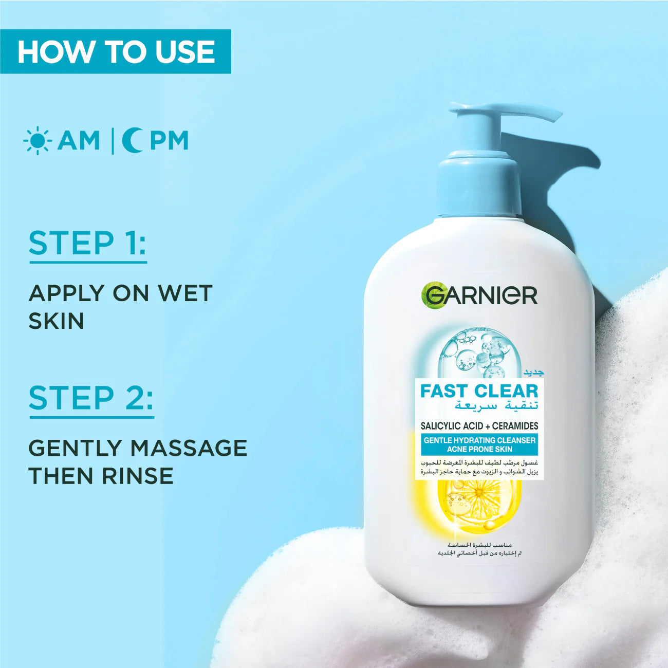 Garnier Fast Clear Gentle Hydrating Face Cleanser & Wash - For Acne Prone Skin - 250ml