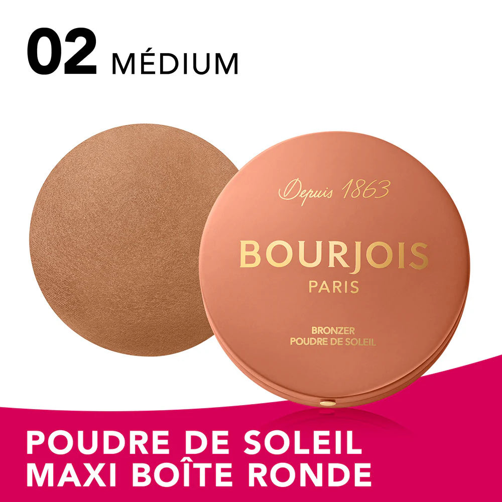 Bourjois sun powder compact with '02 Medium' shade on a white background