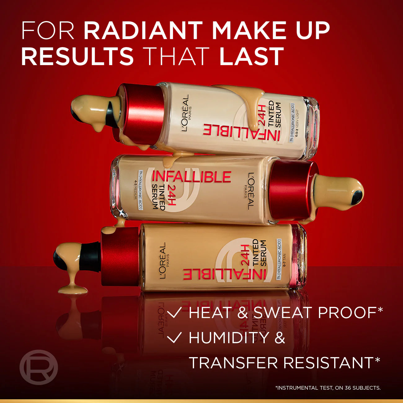 L'Oreal Infallible makeup bottles on a red background with text about product features.