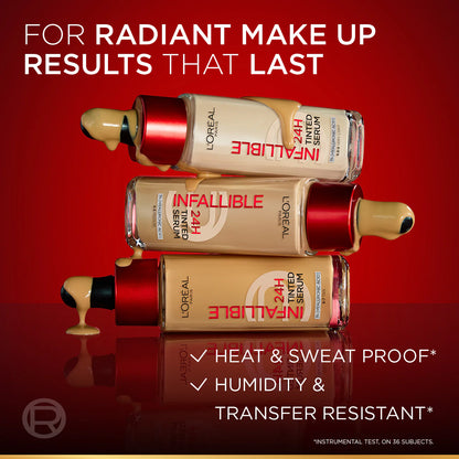 L'Oreal Infallible makeup bottles on a red background with text about product features.