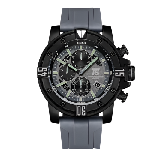 Wristwatch T5 Original Chronograph Watch For Men with black dial and gray strap on a white background