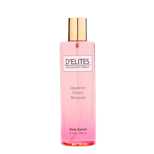 Pink bottle of D'Elites Japanese Cherry Blossom Body Splash on a white background