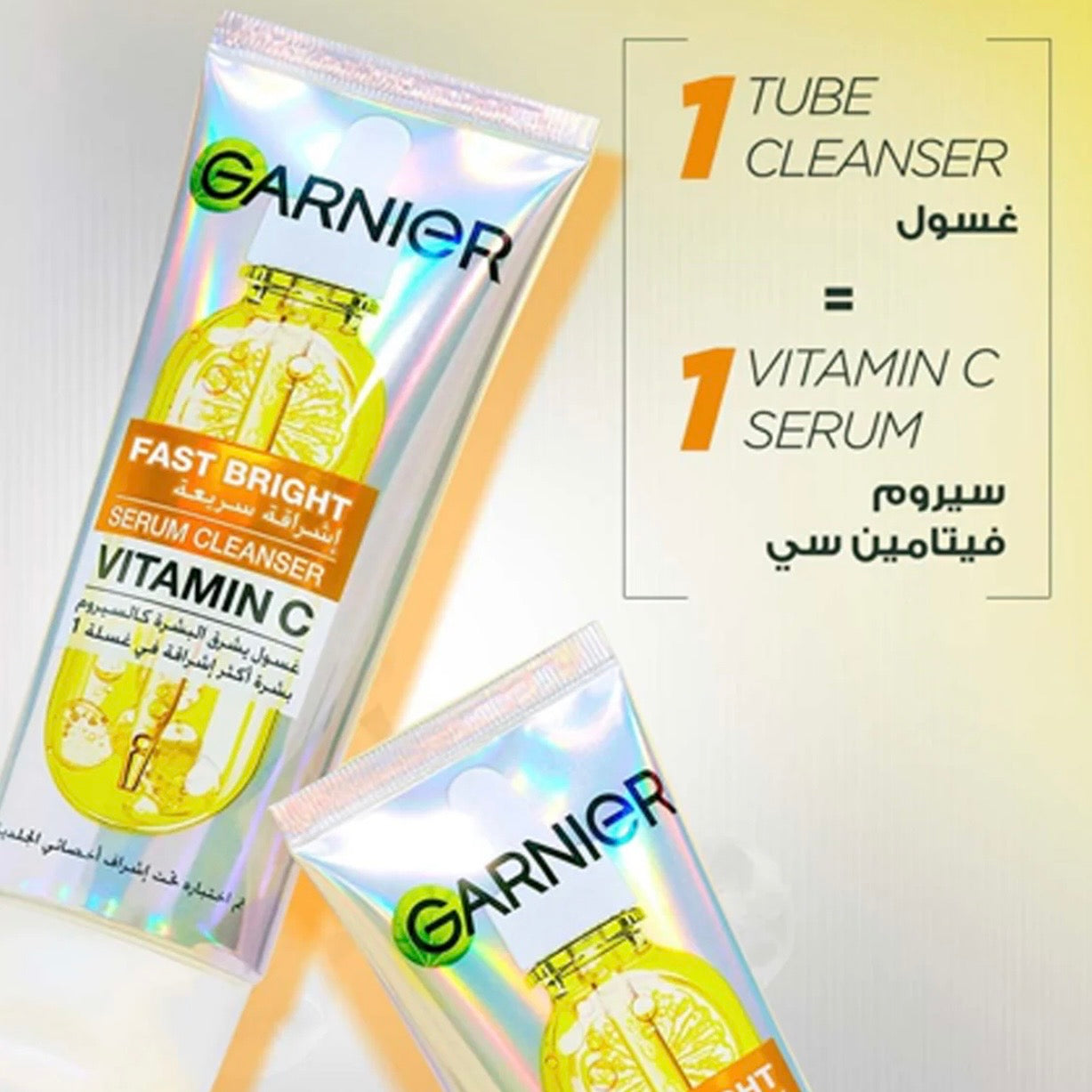 Garnier Vitamin C serum cleanser packaging with text on a light background