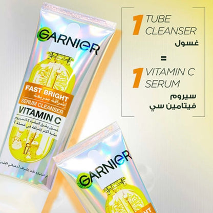 Garnier Vitamin C serum cleanser packaging with text on a light background