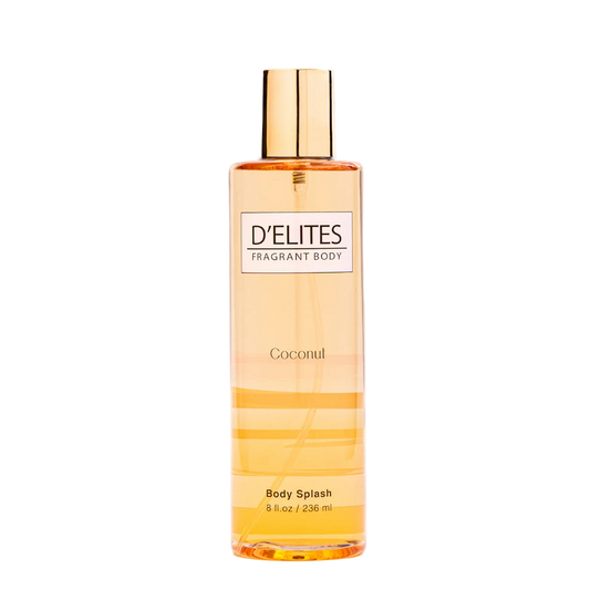 Bottle of D'Elites Coconut Body Splash on a white background