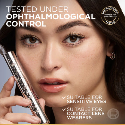 Woman holding a L'Oréal Paris Telescopic Extensionist Black Mascara product with text about ophthalmological control and suitability for sensitive eyes.