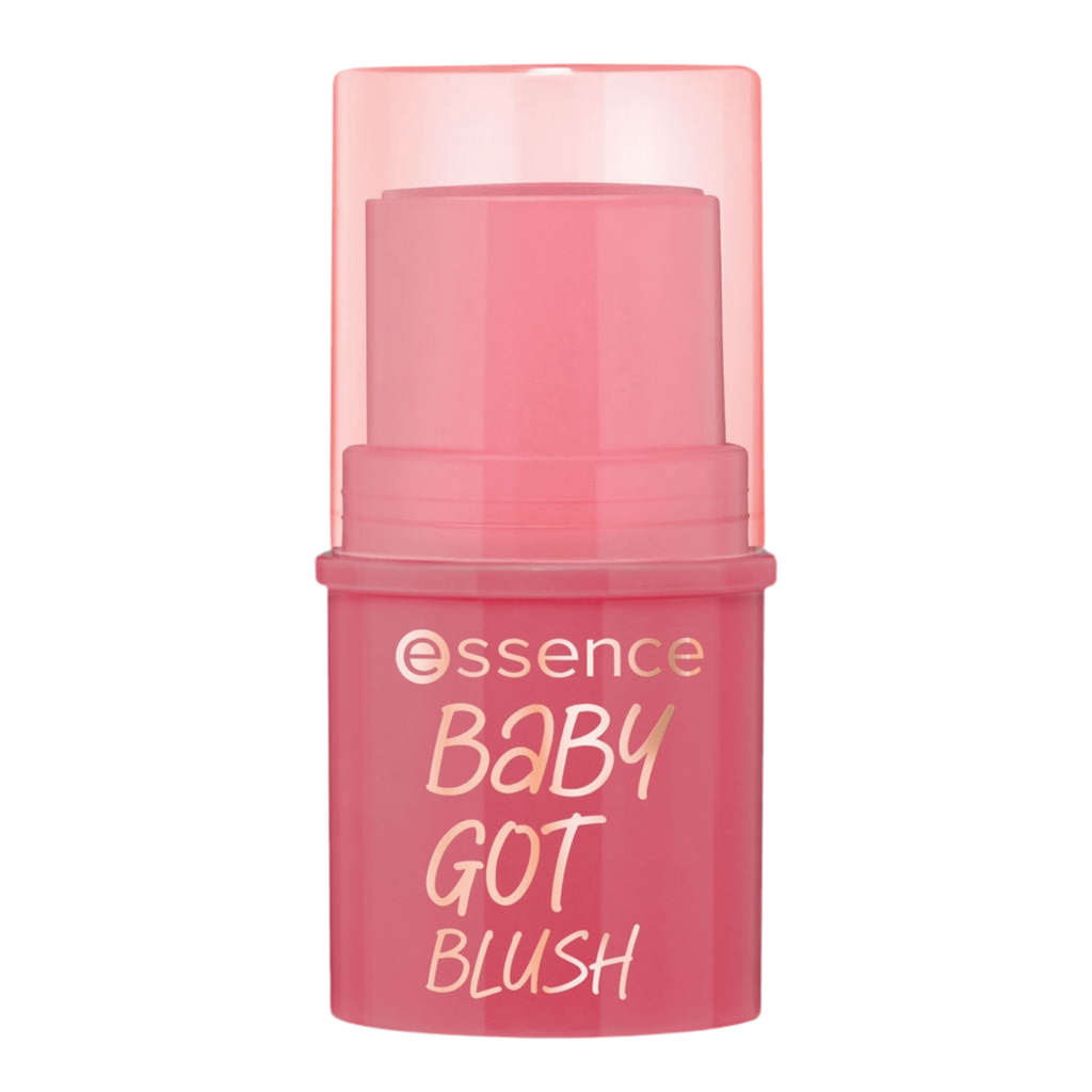 Pink blush stick with 'essence Baby Got Blush' text on a white background