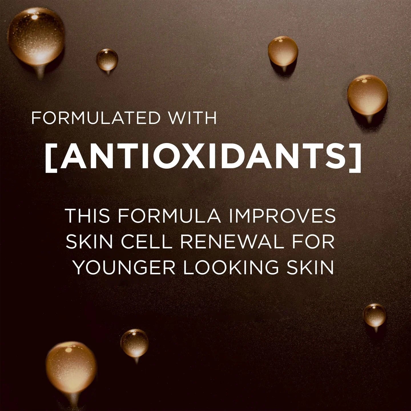 Text about antioxidants improving skin cell renewal on a dark background with droplets.