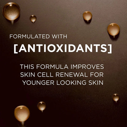 Text about antioxidants improving skin cell renewal on a dark background with droplets.