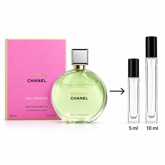 Chanel Chance Eau Fraiche perfume shown with its pink box, a round green-toned bottle, and two clear sample spray vials labeled 5 ml and 10 ml on a white background.