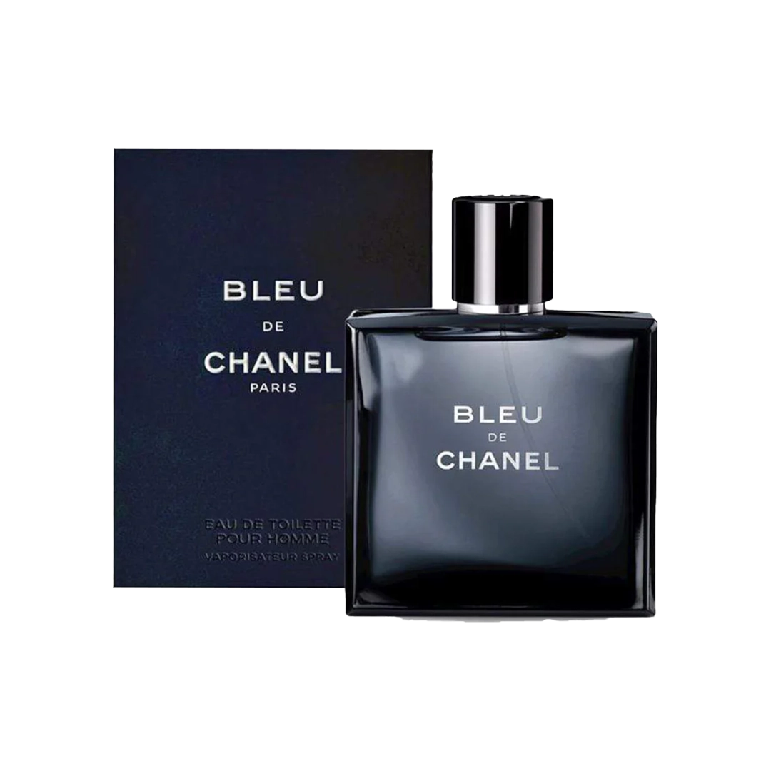 Chanel Bleu de Chanel Eau de Toilette bottle and packaging, featuring a dark glass bottle with a silver cap and white label.