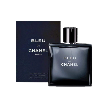 Chanel Bleu de Chanel Eau de Toilette bottle and packaging, featuring a dark glass bottle with a silver cap and white label.