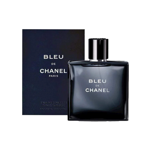 Chanel Bleu de Chanel Eau de Toilette bottle and packaging, featuring a dark glass bottle with a silver cap and white label.