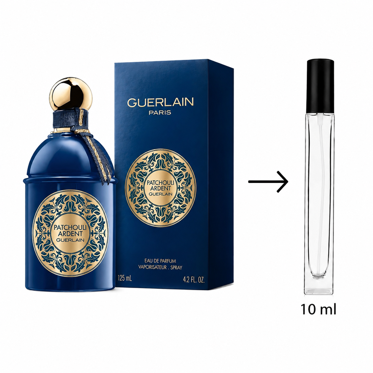 Guerlain Patchouli Ardent Eau de Parfum shown with its blue box, a large blue bottle with gold detailing, and a small clear 10 ml travel spray bottle with a black cap on a white background.