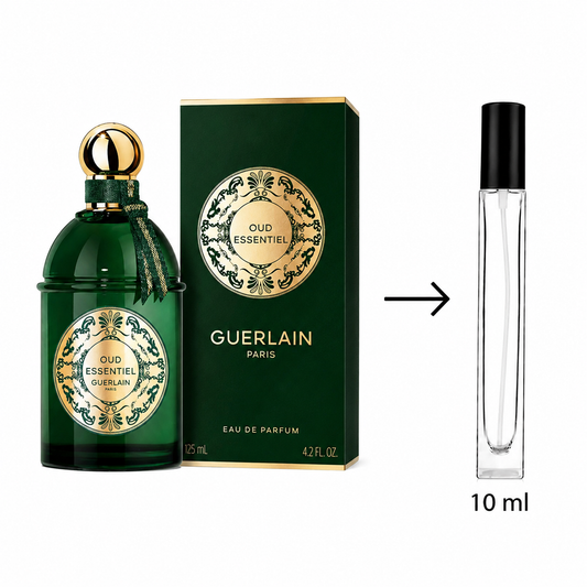 Guerlain Oud Essentiel Eau de Parfum shown with the dark green bottle, matching box, and a small clear 10 ml sample spray bottle on a white background.