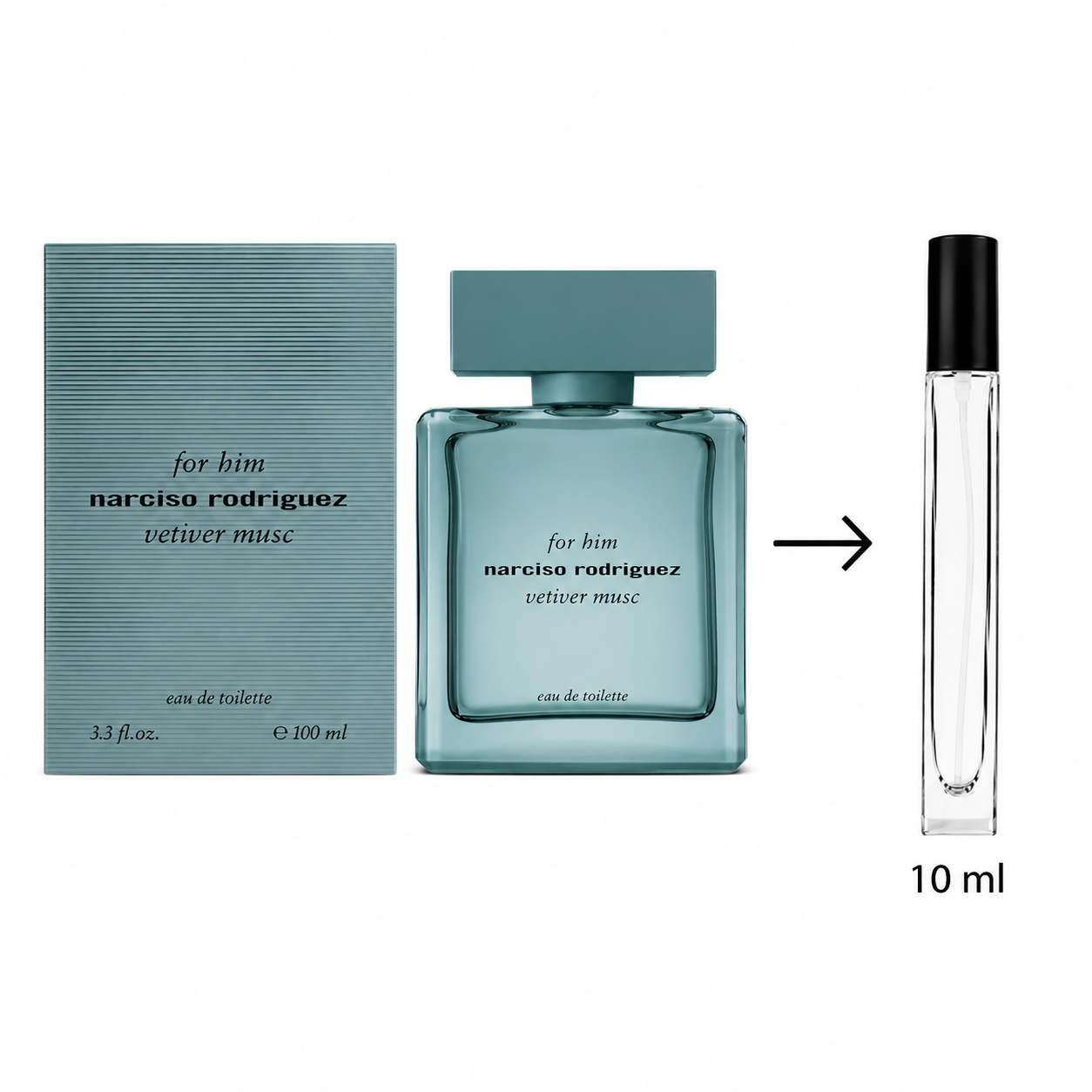 Narciso Rodriguez Vetiver Musc For Him Eau de Toilette shown with a 100 ml bottle, its textured blue-green box, and a 10 ml travel spray rollerball on a white background.