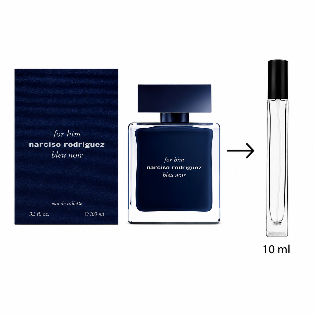 Narciso Rodriguez Bleu Noir 'for him' Eau de Toilette shown with a 100 ml box, a 100 ml bottle, and a 10 ml travel spray bottle on a white background.