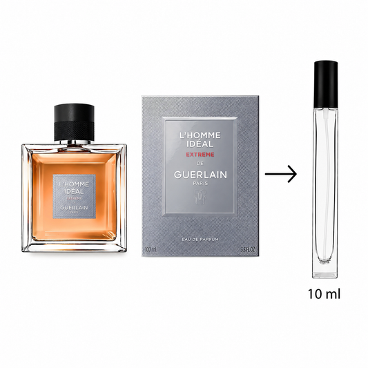 Guerlain L'Homme Ideal Extreme Eau de Parfum shown with a 100 ml bottle, its textured gray packaging box, and a 10 ml travel atomizer spray bottle on a white background.