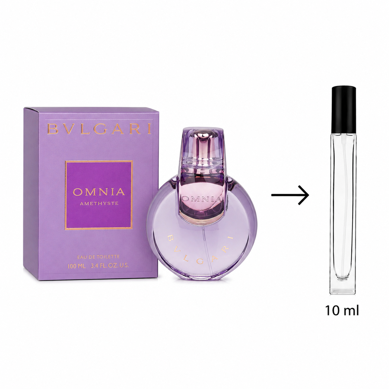 Bvlgari Omnia Amethyste perfume shown with its purple box, a purple bottle, and a small clear 10 ml travel spray bottle on a white background.