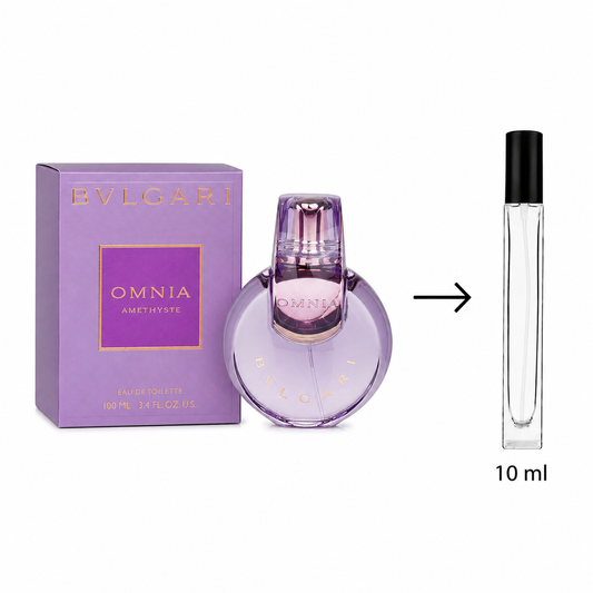 Bvlgari Omnia Amethyste perfume shown with its purple box, a purple bottle, and a small clear 10 ml travel spray bottle on a white background.