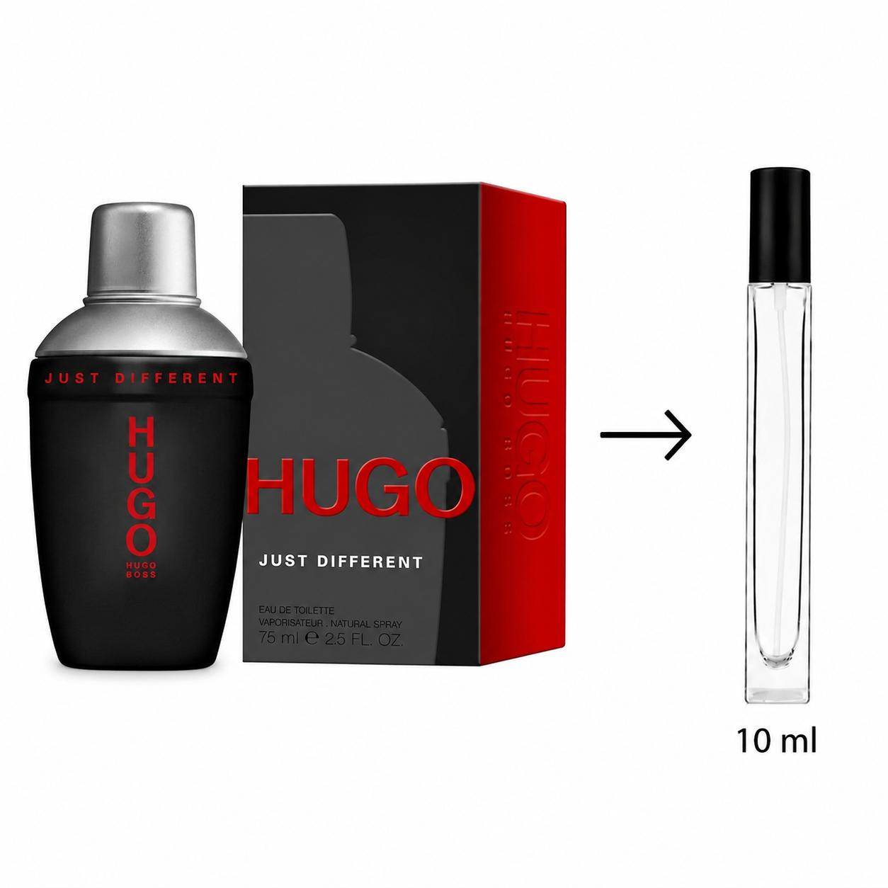 Hugo Just Different eau de toilette shown with a 150 ml black and red spray bottle, its retail box, and a 10 ml travel atomizer spray bottle on a white background.
