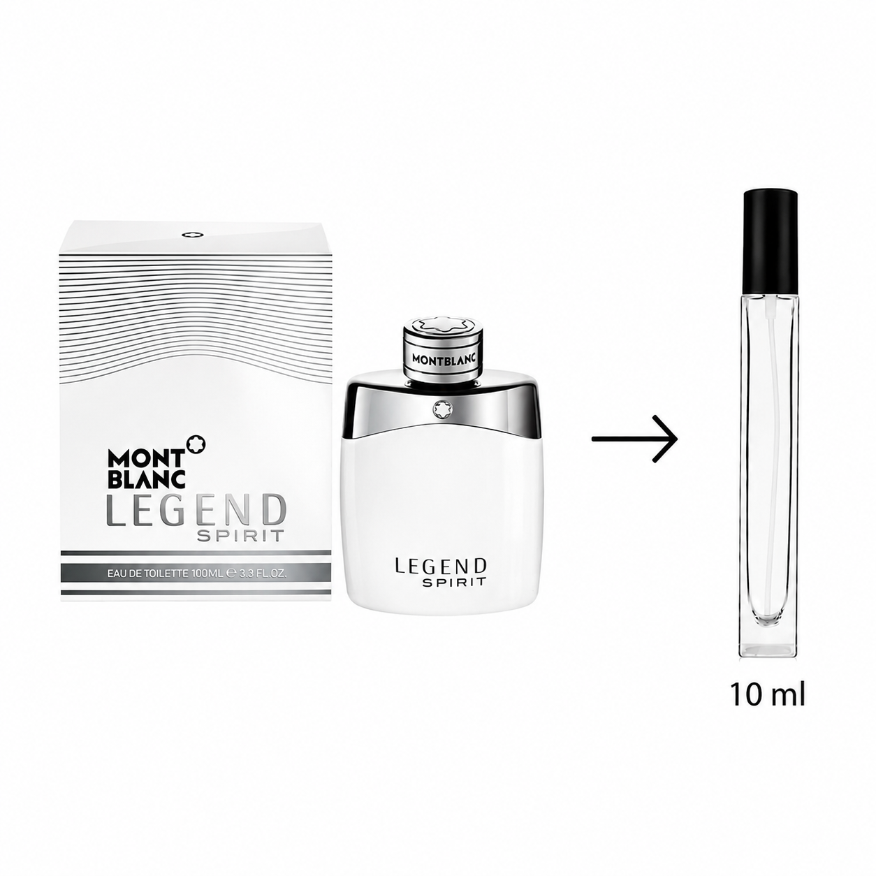 Montblanc Legend Spirit eau de toilette shown with its white and silver retail box, the main perfume bottle, and a 10 ml travel atomizer spray on a plain white background.