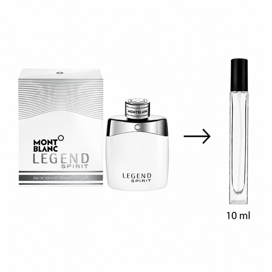 Montblanc Legend Spirit eau de toilette shown with its white and silver retail box, the main perfume bottle, and a 10 ml travel atomizer spray on a plain white background.