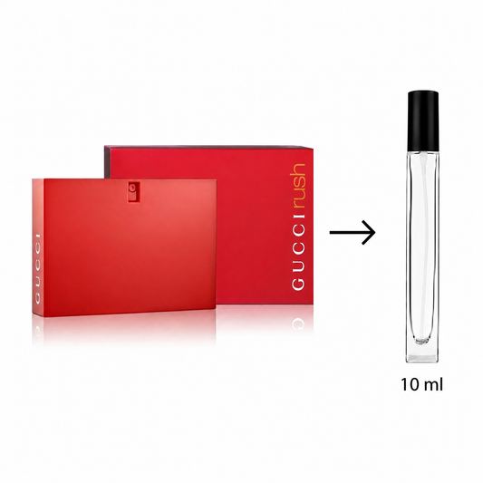 Gucci Rush perfume shown with a red outer box, a smaller red inner box, and a clear 10 ml travel spray bottle with a black cap on a white background.
