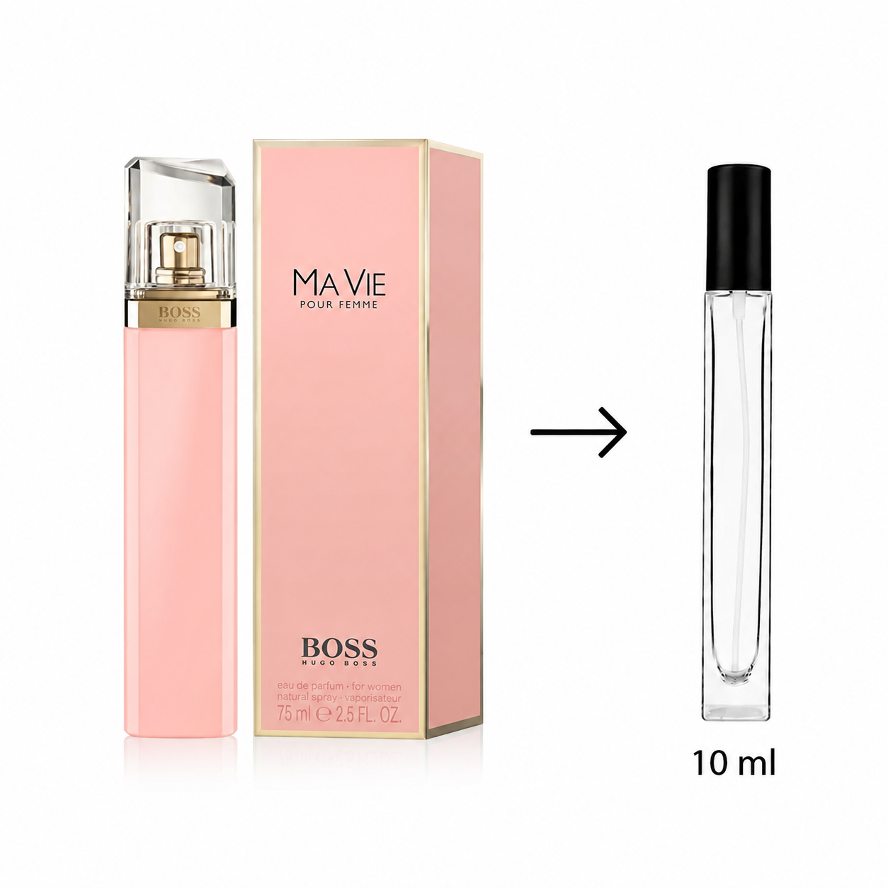 Ma Vie pour Femme by Hugo Boss eau de toilette shown with the pink bottle and matching pink box, alongside a smaller clear 10 ml travel atomizer bottle indicated by an arrow on a white background.