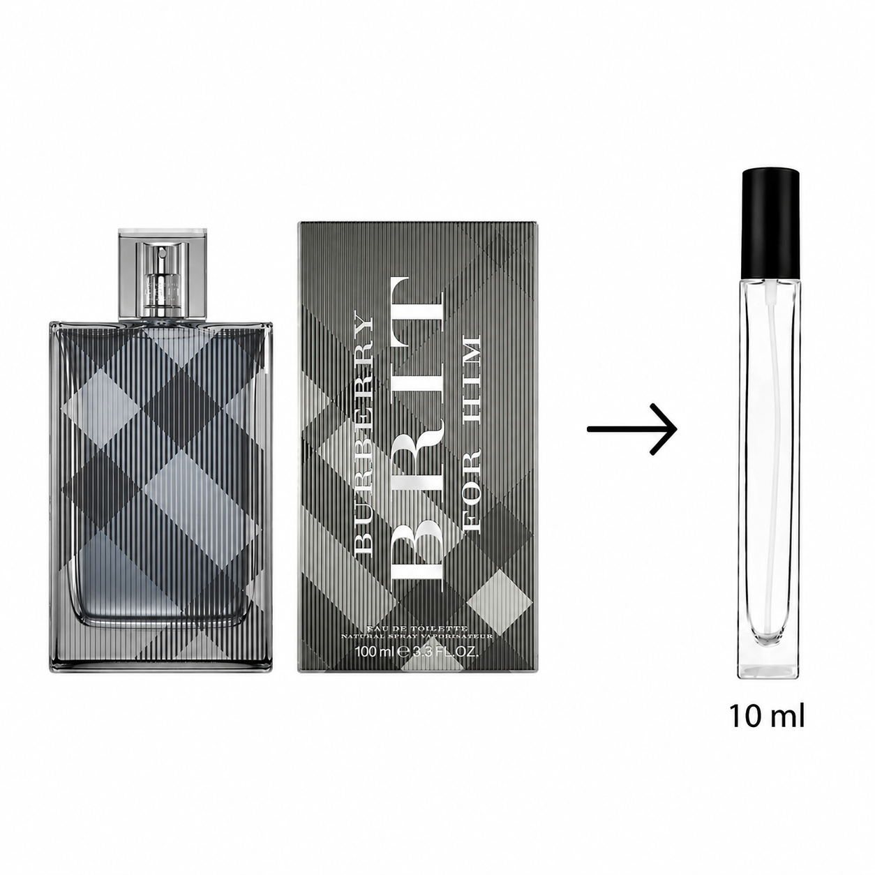 Burberry Brit For Him eau de toilette shown with a 100 ml patterned spray bottle, its box, and a 10 ml travel atomizer spray bottle on a white background.