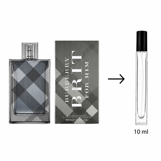 Burberry Brit For Him eau de toilette shown with a 100 ml patterned spray bottle, its box, and a 10 ml travel atomizer spray bottle on a white background.
