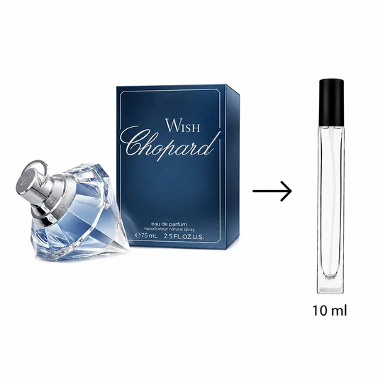 Chopard Wish Eau de Parfum 10 ml travel spray bottle shown next to its blue retail box with an arrow between them on a white background.