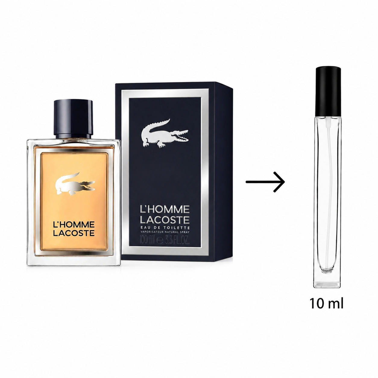 L'Homme Lacoste Eau de Toilette shown with the 100 ml bottle, its dark navy and silver box, and a 10 ml travel atomizer spray on a white background.