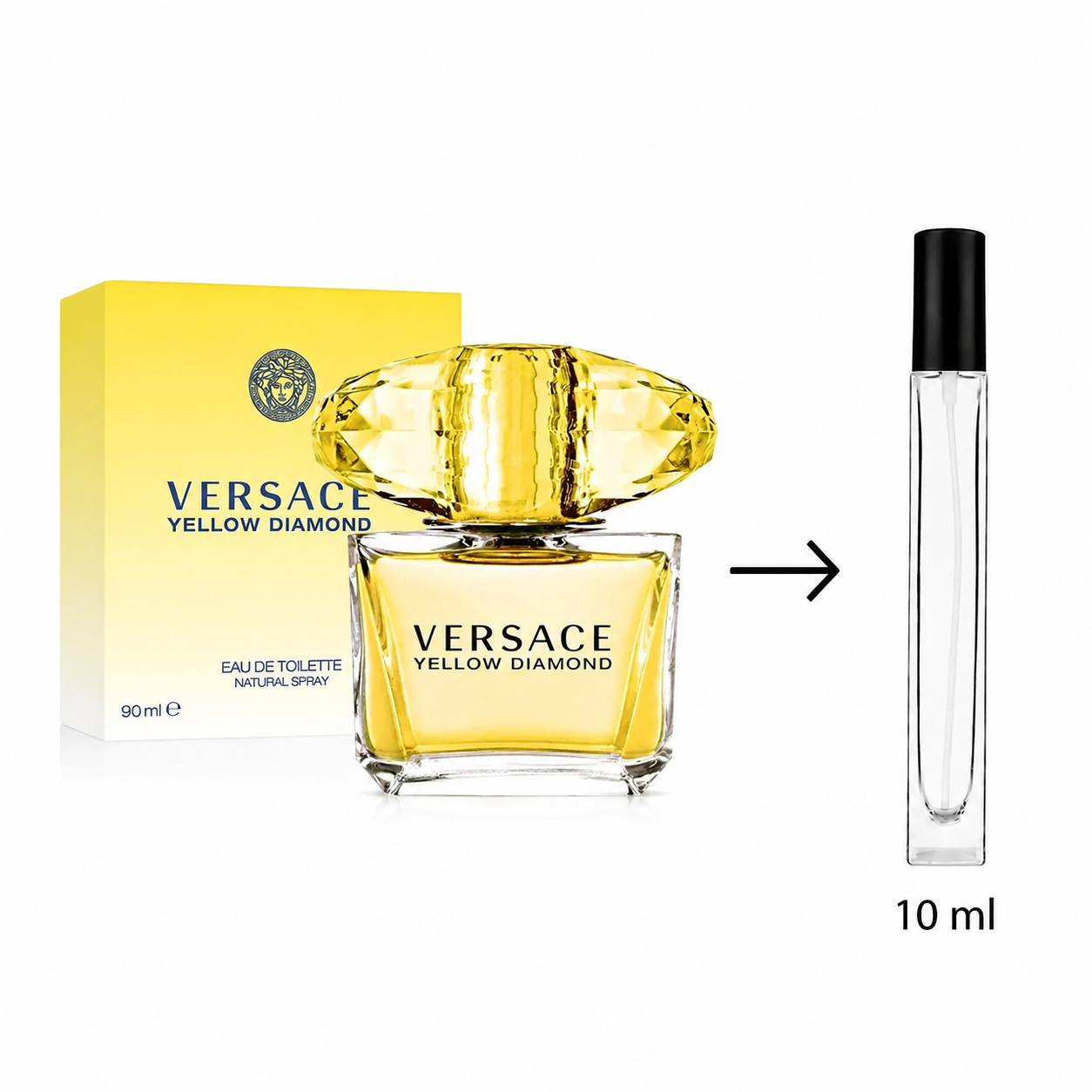 Versace Yellow Diamond Eau de Toilette 90ml bottle with its yellow box, alongside a 10ml travel perfume spray vial on a white background.