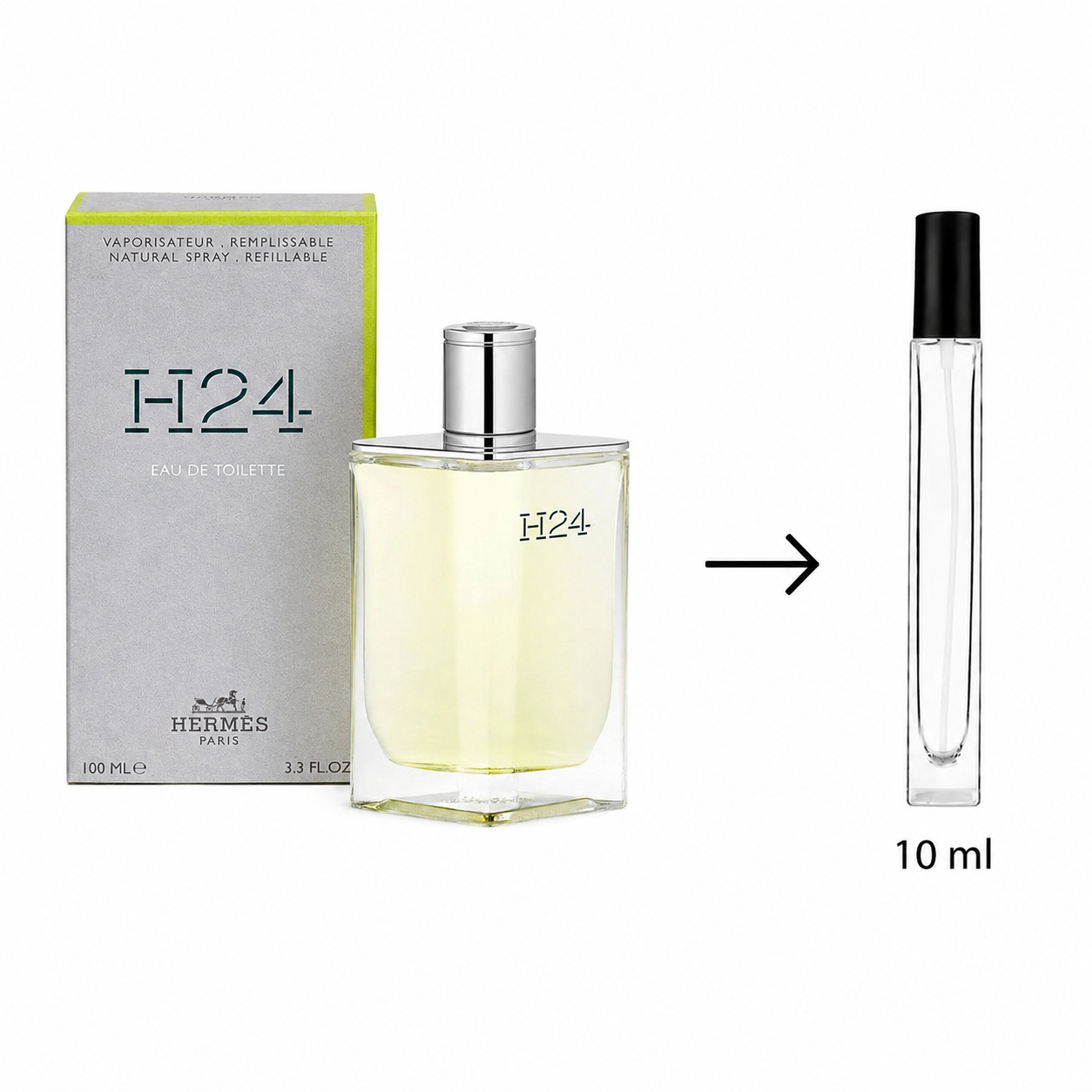Hermes H24 Eau de Toilette set showing the original silver and lime green box, the 3.3 fl oz main perfume bottle, and a 10 ml clear refill atomizer with a black cap on a white background.