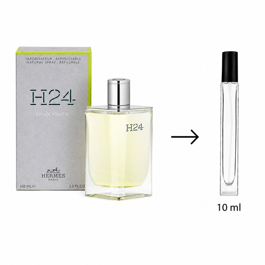 Hermes H24 Eau de Toilette set showing the original silver and lime green box, the 3.3 fl oz main perfume bottle, and a 10 ml clear refill atomizer with a black cap on a white background.