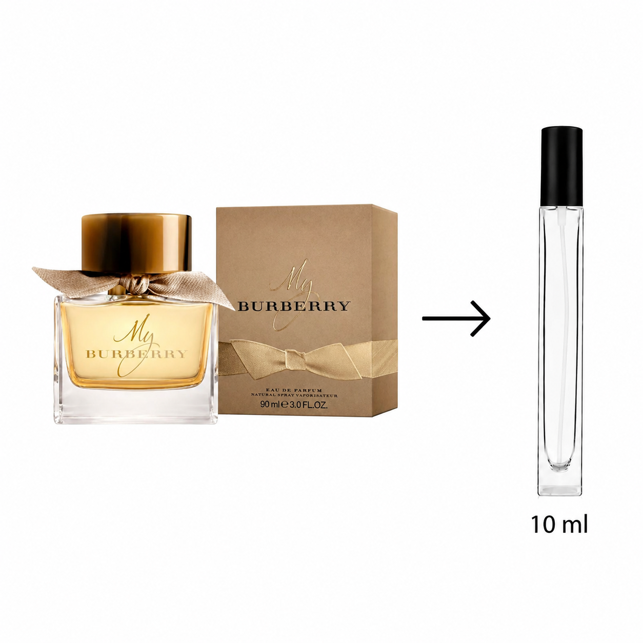 Burberry My Burberry perfume bottle with gold cap and box shown beside a small clear 10 ml travel atomizer bottle on a white background.