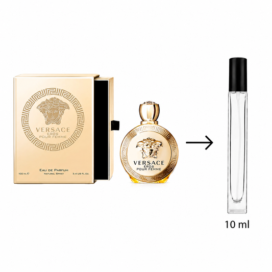 Versace Eros pour femme Eau de Parfum 100ml bottle shown next to its gold box, with an arrow pointing to a 10 ml travel spray bottle on a white background.