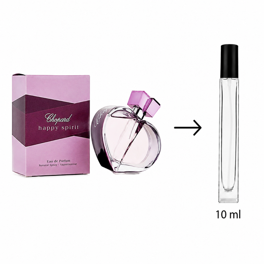 Chopard Happy Spirit eau de parfum shown with its pink and purple box, the perfume bottle, and a 10 ml travel atomizer spray bottle on a white background.