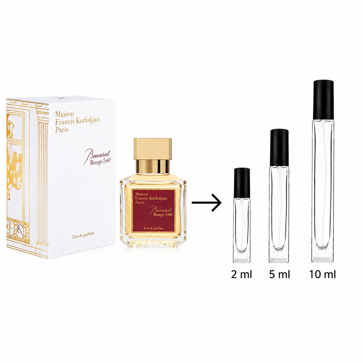 Maison Francis Kurkdjian Paris Baccarat Rouge 540 Eau de parfum shown with its white and gold box, a small perfume bottle, and three glass travel atomizers labeled 2 ml, 5 ml, and 10 ml on a white background.