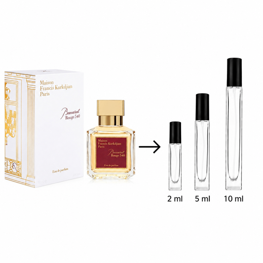 Maison Francis Kurkdjian Paris Baccarat Rouge 540 Eau de parfum shown with its white and gold box, a small perfume bottle, and three glass travel atomizers labeled 2 ml, 5 ml, and 10 ml on a white background.