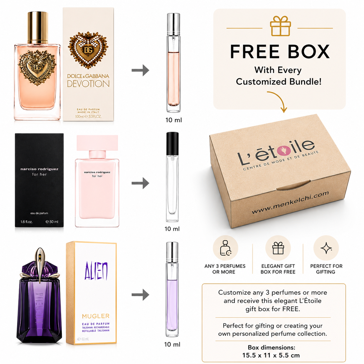 Collection of perfume bottles and packaging with promotional text for Létoile gift box.